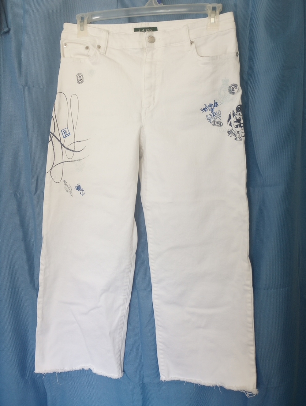Lauren Ralph Lauren White Wide-Leg Crop Jeans with Blue Nautical Print